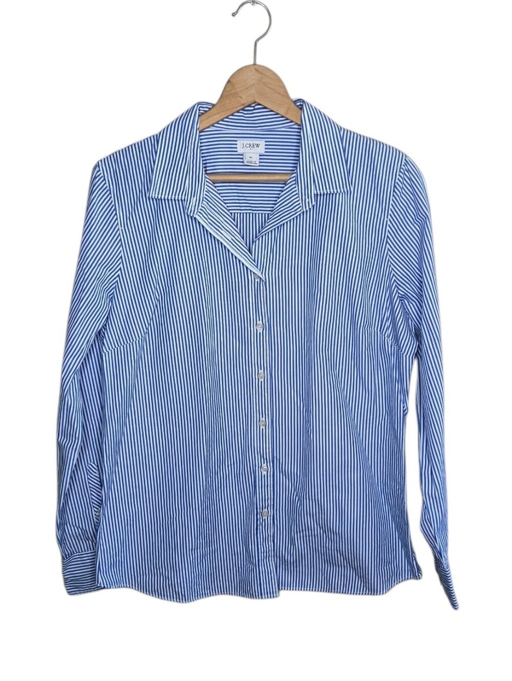 J. Crew Factory Blue White Striped Classic Preppy Button Front Shirt Size XL